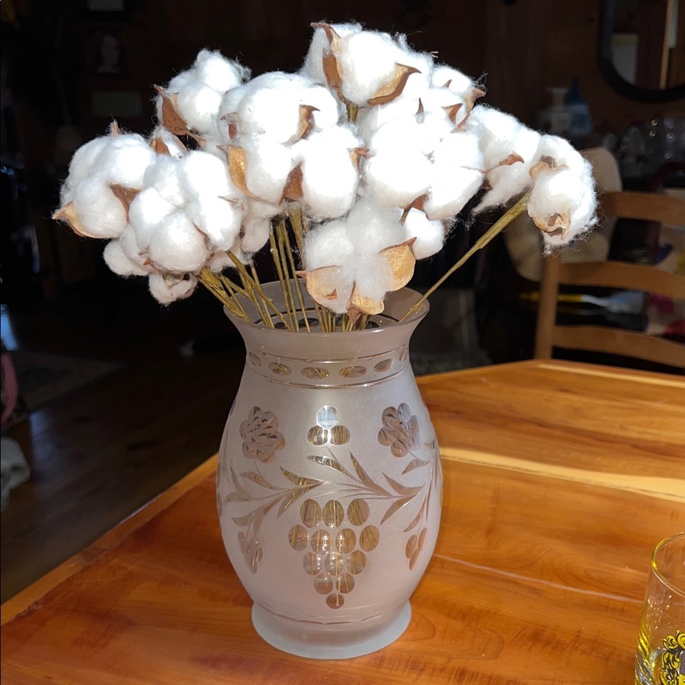 Vintage Elegant Frosted Glass Vase with Etched Grapes Flowers Leaf Pattern